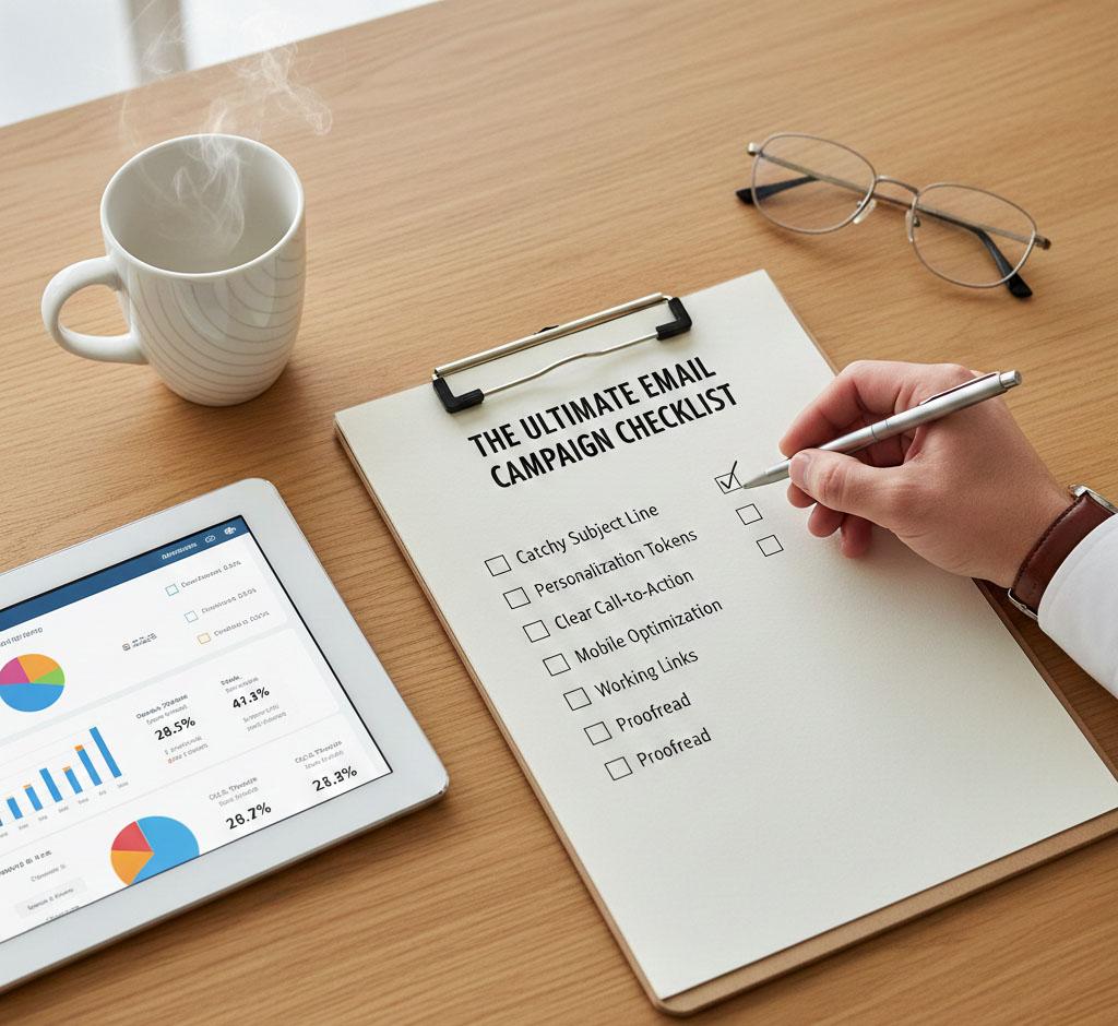 An email marketing ticking off items on their email marketing campaign checklist