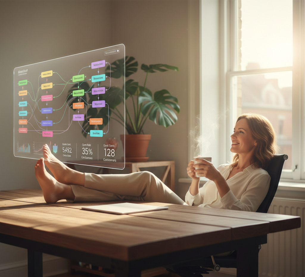 A relaxed business owner watching a digital dashboard of campaigns being triggered by Marketing Automation