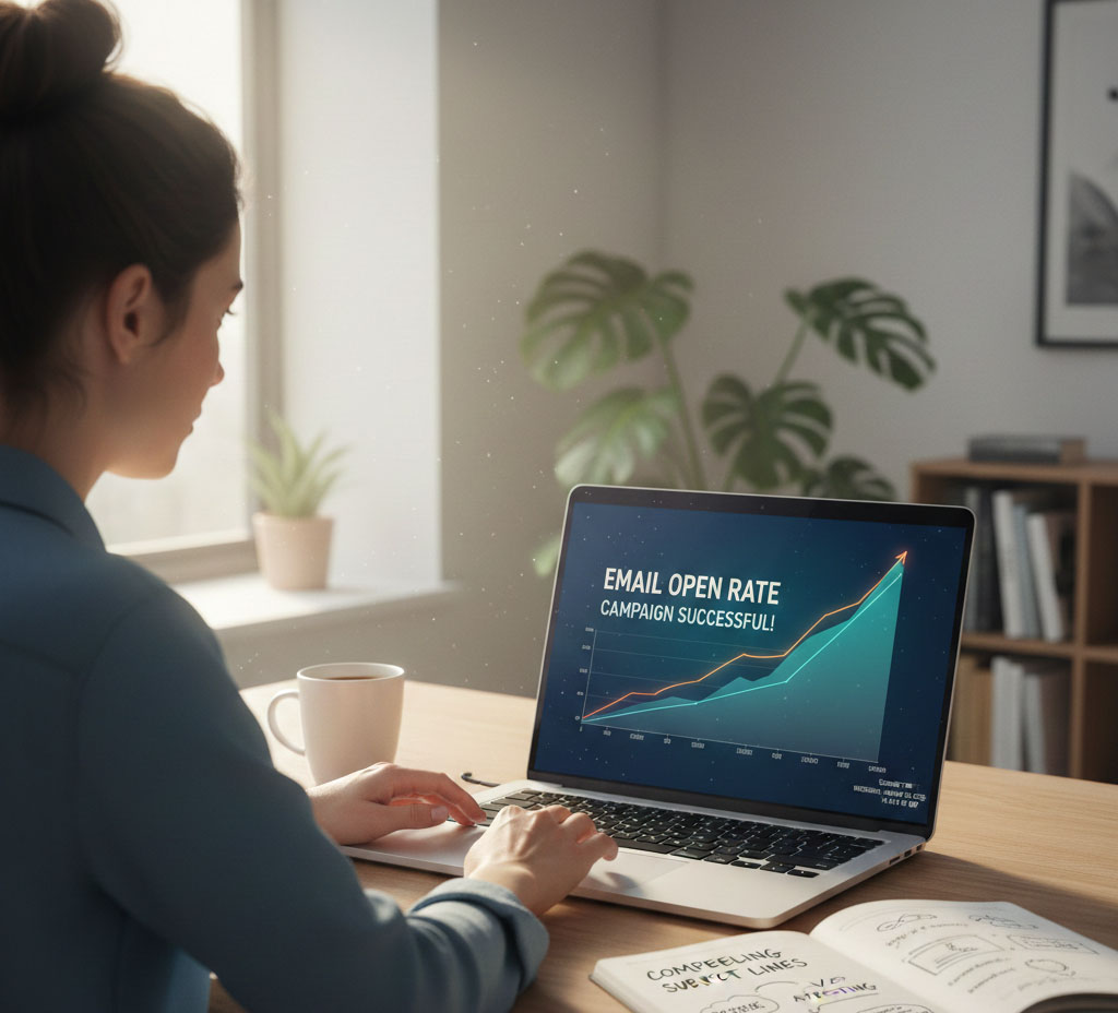 A marketer reviewing email open rate statistics on a laptop screen showing a successful campaign graph after writing compelling email subject lines