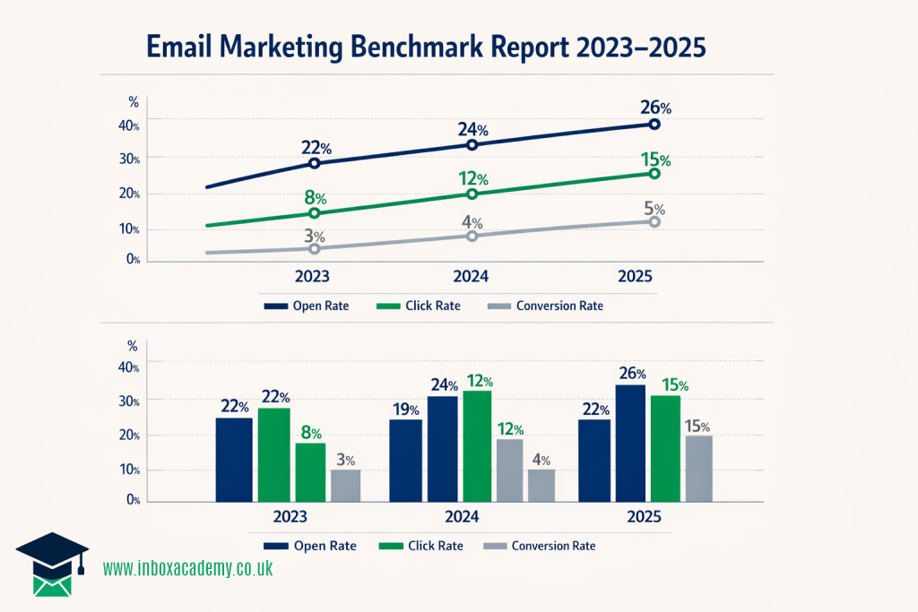 A professional dashboard showing email marketing metrics like open rates and click-through rates for a benchmark report.