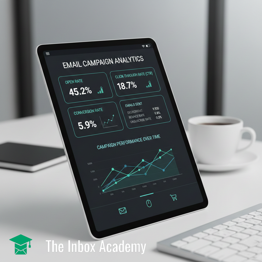 A tablet showing a marketing dashboard. The dashboard shows email marketing metrics of open rate, click through rate and conversion rate
