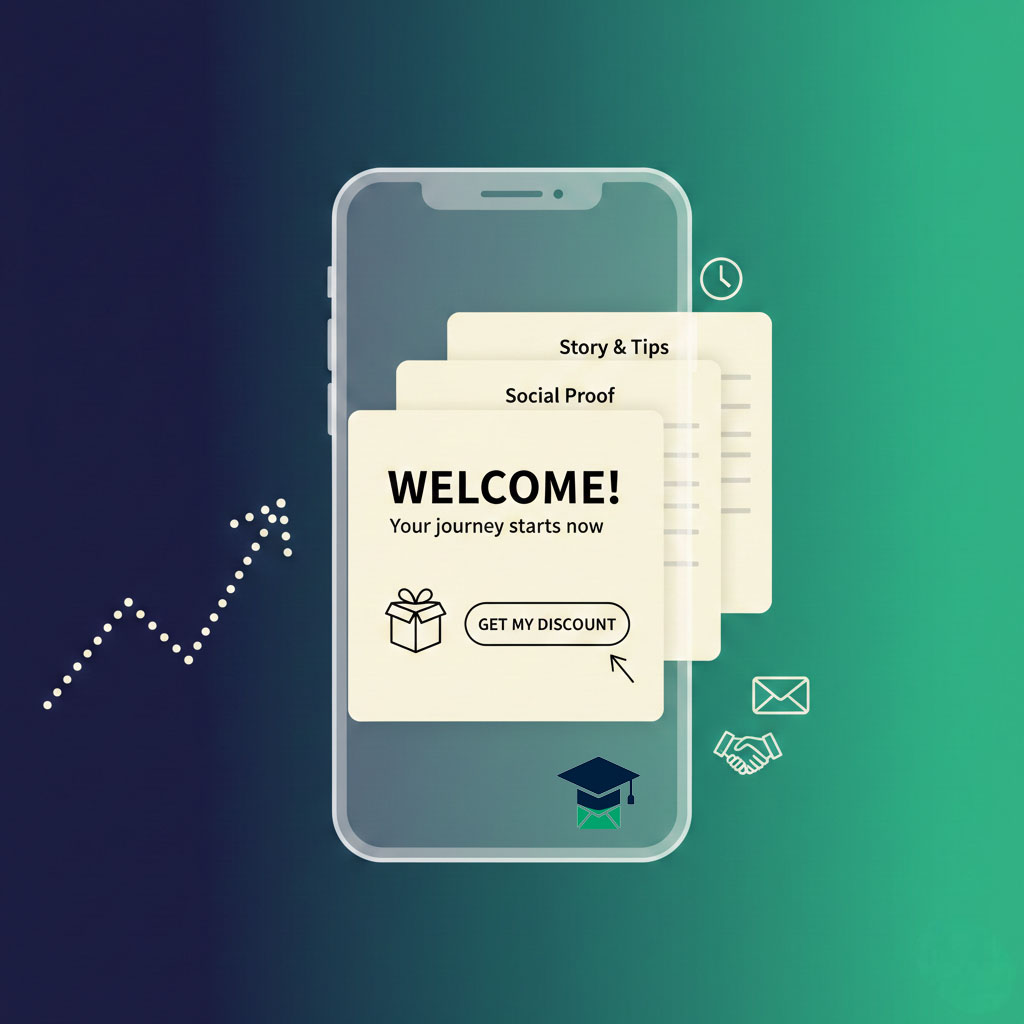 A welcome email series displayed on a mobile device