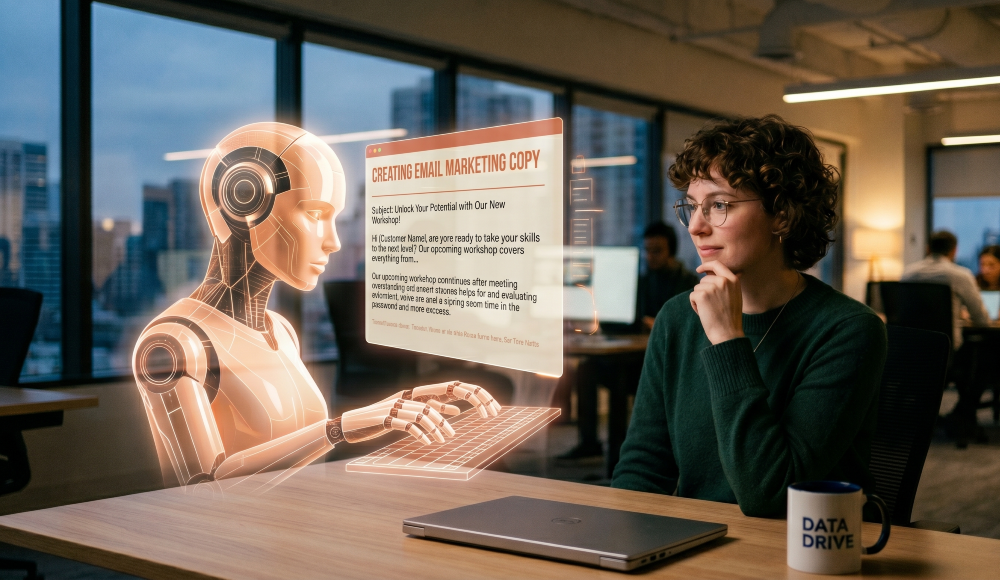 How to use AI to write email marketing emails. Image shows an AI robot writing email marketing copy while a small business owner looks on