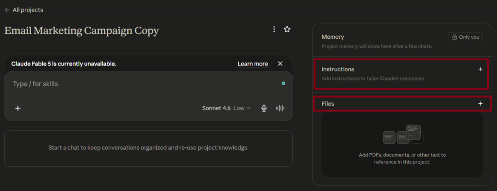 Click on the plus symbol to add instructions and files to your project