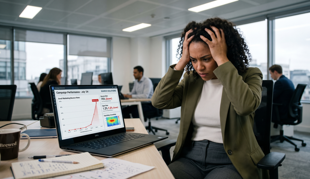 A woman, looking at an email marketing dashboard, showing high bounce rates for her last campaign. She wondering how she is going to fix her email deliverability problems